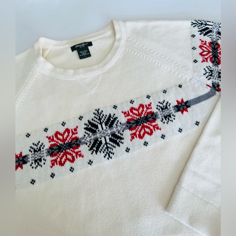 EDDIE BAUER Sweater Pullover NORDIC Snowflake Legend COTTON Blend Crew Neck LRG - Picture 3 of 10